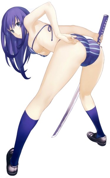 Anime picture 745x1200 with original nagi ryou single long hair tall image looking at viewer highres breasts blue eyes light erotic simple background white background purple hair ass looking back leaning leaning forward adjusting clothes adjusting swimsuit girl