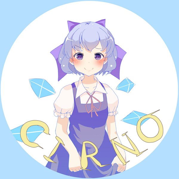 Anime picture 1000x1000 with touhou cirno kirasita single looking at viewer blush short hair smile purple eyes purple hair character names girl dress bow hair bow wings