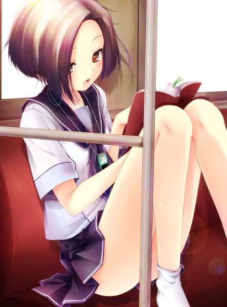 Anime picture 1110x1500 with love plus ipod kobayakawa rinko itaya saaya single tall image blush short hair open mouth black hair smile brown eyes pleated skirt girl uniform school uniform socks headphones book (books) white socks