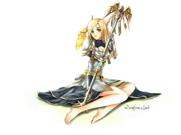 Anime picture 1024x768 with world of warcraft blizzard entertainment blood elf windforcelan single long hair looking at viewer blush simple background blonde hair white background green eyes pointy ears elf girl armor staff