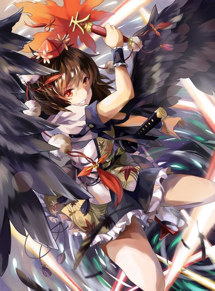 Anime picture 1200x1623 with touhou shameimaru aya neko (yanshoujie) tall image short hair red eyes brown hair girl weapon hat sword wings katana feather (feathers) fan hauchiwa