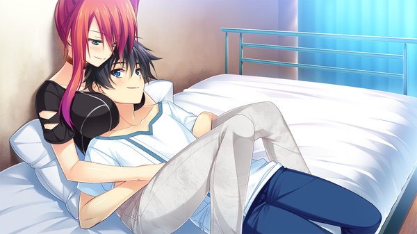 Anime picture 1280x720 with tsuyokiss next long hair blush short hair blue eyes black hair smile wide image game cg red hair couple girl boy pillow bed