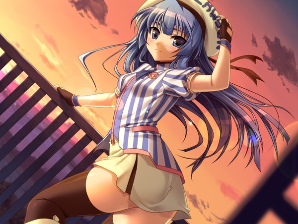 Anime picture 1326x1000 with tagme (copyright) long hair blue eyes blue hair sky evening sunset girl thighhighs black thighhighs hat miniskirt