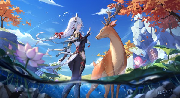 Anime picture 4788x2629 with genshin impact shenhe (genshin impact) chamuhz single long hair fringe highres breasts blue eyes wide image standing signed looking away absurdres sky silver hair cloud (clouds) outdoors braid (braids) parted lips