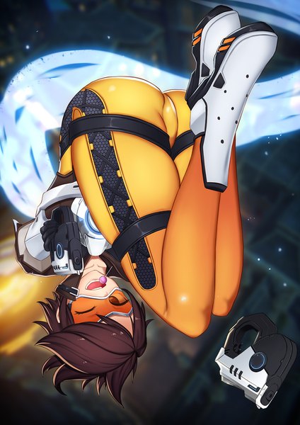 Anime picture 1060x1500 with overwatch blizzard entertainment tracer (overwatch) daydream (zhdkffk21) single tall image looking at viewer short hair open mouth light erotic smile brown hair holding brown eyes full body ass one eye closed wink glowing ;d