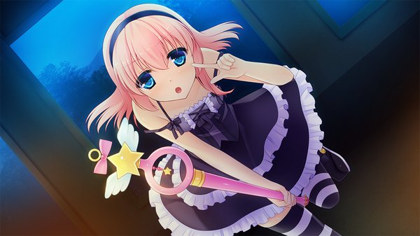 Anime picture 1280x720 with ren'ai made sentakushi hitotsu amatsuka suzuho long hair blush open mouth blue eyes wide image pink hair game cg girl thighhighs dress hairband striped thighhighs