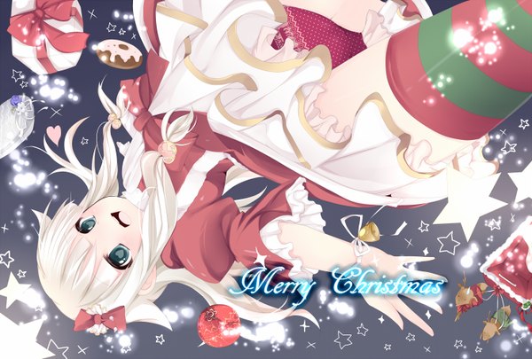 Anime picture 1480x1000 with original sakuragi yuzuki long hair blush open mouth blue eyes light erotic white hair sparkle christmas merry christmas girl thighhighs dress underwear panties bow hair bow star (symbol) striped thighhighs