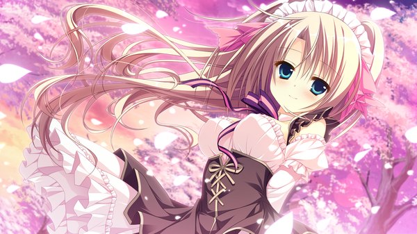 Anime picture 1280x720 with majo koi nikki tokeizaka kanon asakura satsu long hair looking at viewer blush breasts blue eyes blonde hair smile wide image large breasts game cg cherry blossoms hands behind back skirt uniform hair ornament plant (plants) school uniform