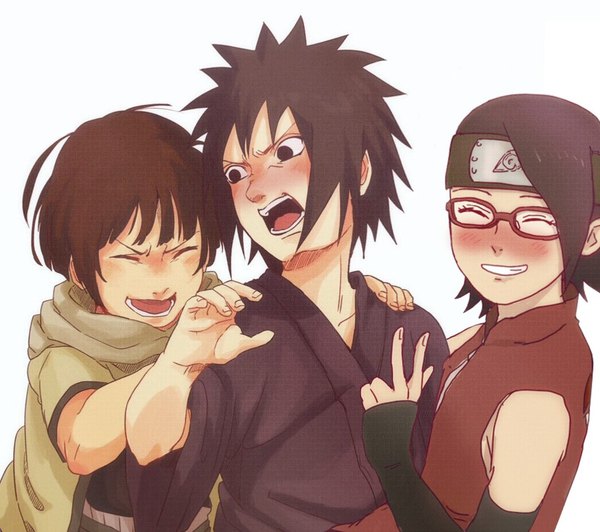 Anime picture 1100x977 with naruto studio pierrot naruto (series) uchiha madara uchiha sarada senju hashirama blush fringe short hair open mouth black hair simple background smile brown hair white background looking away upper body eyes closed traditional clothes japanese clothes