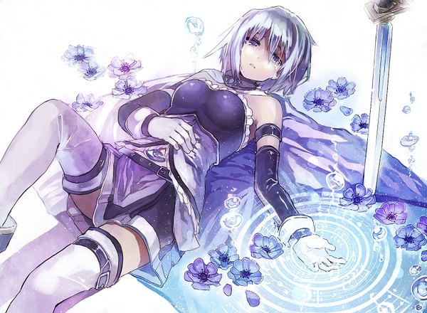 Anime picture 1500x1100 with mahou shoujo madoka magica shaft (studio) miki sayaka r04315 single looking at viewer fringe short hair breasts bare shoulders lying aqua eyes aqua hair on back girl thighhighs skirt gloves flower (flowers) weapon