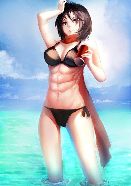 Anime picture 832x1181 with shingeki no kyojin production i.g mikasa ackerman blackrabbitsoul single tall image blush short hair breasts light erotic black hair smile large breasts bare shoulders looking away sky cleavage cloud (clouds) lips black eyes