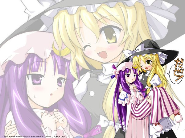 Anime picture 1024x768 with touhou kirisame marisa patchouli knowledge blonde hair purple hair wallpaper carrying girl hat witch hat