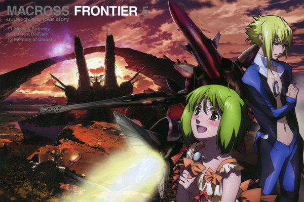 Anime picture 1800x1198 with macross macross frontier ranka lee brera sterne blush highres open mouth blonde hair red eyes sky cloud (clouds) green hair scan inscription teeth fang (fangs) copyright name couple evening sunset