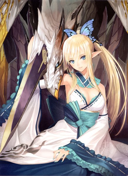 Anime picture 4462x6122 with shining (series) shining resonance kirika towa alma tony taka single long hair tall image looking at viewer highres blue eyes blonde hair absurdres ponytail pointy ears scan official art fantasy girl dress hair ornament