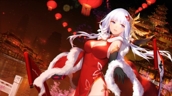 Anime picture 1920x1080 with azur lane illustrious (azur lane) swd3e2 single long hair blush fringe highres breasts open mouth light erotic wide image large breasts standing purple eyes twintails holding looking away cleavage silver hair