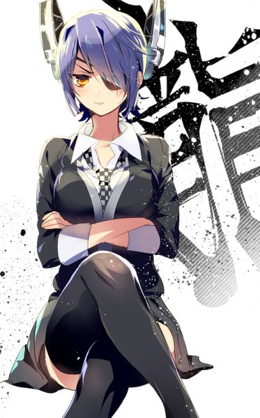 Anime picture 871x1400 with kantai collection tenryuu light cruiser tyuraba single tall image looking at viewer blush highres short hair breasts large breasts sitting yellow eyes purple hair crossed legs crossed arms frown girl thighhighs skirt
