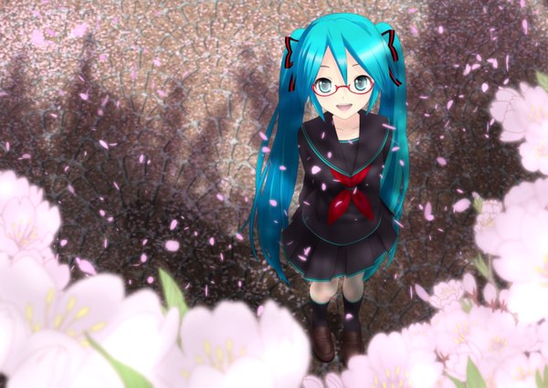 Anime picture 3035x2150 with vocaloid hatsune miku akahige single long hair highres open mouth twintails absurdres aqua eyes aqua hair cherry blossoms looking up girl uniform school uniform petals glasses serafuku