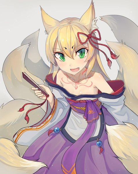 Anime picture 2780x3507 with monster girl quest (game) tamamo (monmusu quest!) walzrj single tall image looking at viewer blush highres open mouth simple background bare shoulders holding green eyes animal ears tail traditional clothes japanese clothes animal tail grey background teeth