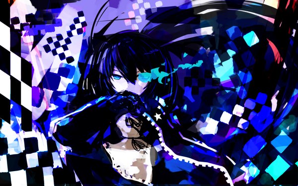 Anime picture 1920x1200 with black rock shooter black rock shooter (character) single long hair looking at viewer highres blue eyes wide image twintails blue hair glowing glowing eye (eyes) checkered background girl gloves bikini top