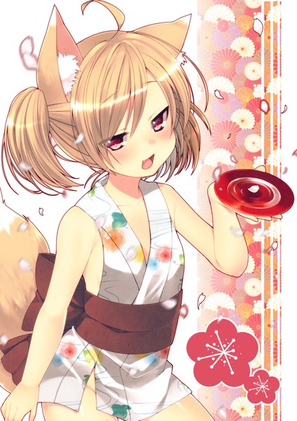 Anime picture 2480x3507 with original skull.03 single tall image blush highres short hair open mouth blonde hair red eyes animal ears ahoge tail traditional clothes animal tail fox ears fox tail fox girl kikumon girl