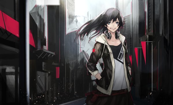 Anime picture 2294x1400 with original yucca-612 (neco) single long hair looking at viewer fringe highres blue eyes black hair smile wide image standing outdoors wind open clothes open jacket hands in pockets headphones around neck girl jacket