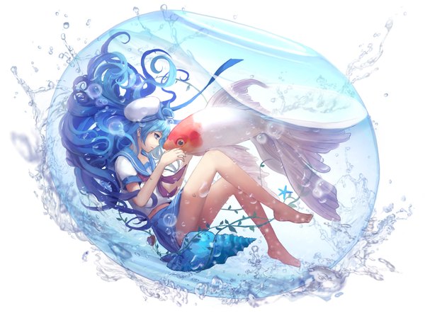 Anime picture 4779x3521 with original ao aka maou long hair fringe highres blue eyes simple background white background sitting blue hair looking away absurdres purple hair bent knee (knees) parted lips profile pleated skirt barefoot no shoes underwater
