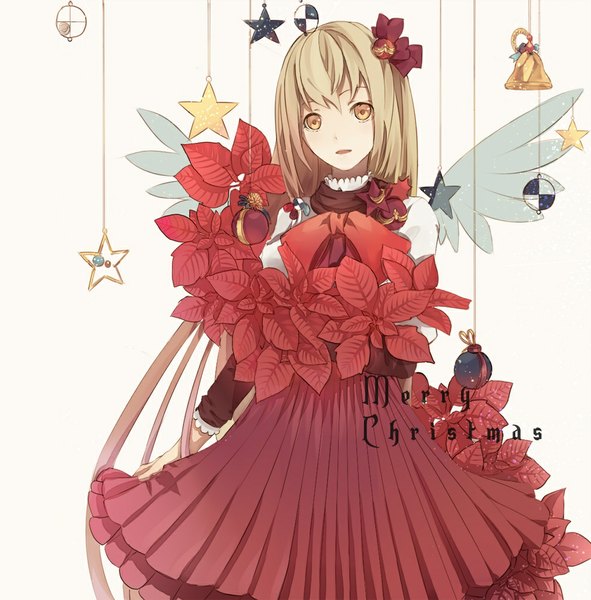 Anime picture 1000x1015 with original fre single long hair tall image looking at viewer blonde hair standing yellow eyes very long hair pleated skirt inscription text christmas english merry christmas girl hair ornament plant (plants) wings