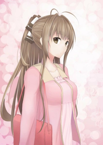 Anime picture 942x1333 with amagi brilliant park kyoto animation sento isuzu xiaodi single long hair tall image looking at viewer fringe simple background brown hair standing brown eyes ahoge ponytail open clothes open jacket pink background girl bow