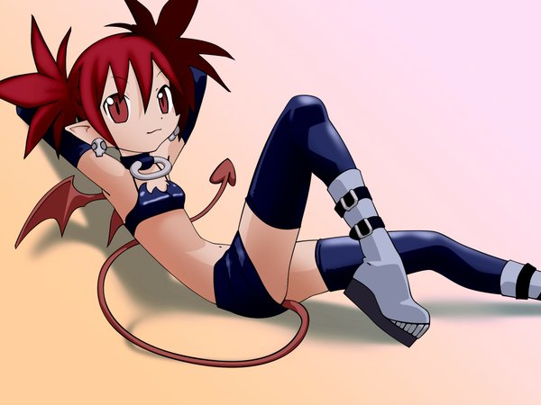 Anime picture 2048x1536 with disgaea etna (disgaea) single looking at viewer fringe highres short hair hair between eyes red eyes bent knee (knees) red hair tail light smile pointy ears shadow gradient background demon girl reclining demon tail yellow background