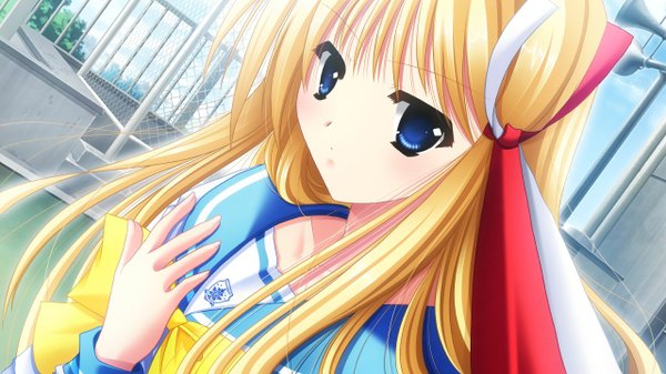 Anime picture 1280x720 with kagura gakuen ki raidou nazuna yamamoto kazue long hair blue eyes blonde hair wide image game cg girl serafuku