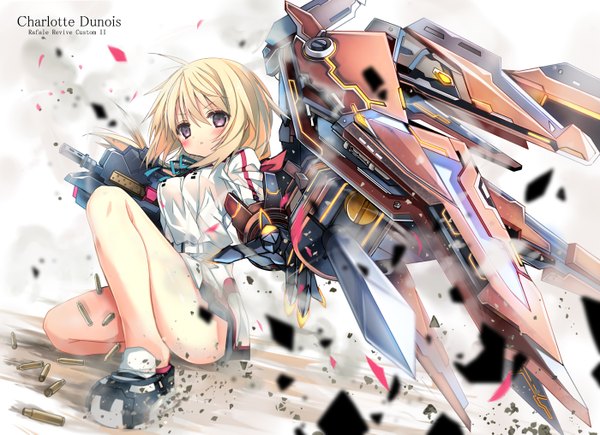 Anime picture 1400x1017 with infinite stratos 8bit charles dunois shino (eefy) single long hair looking at viewer blush blonde hair purple eyes inscription girl weapon gun mecha debris shell casing