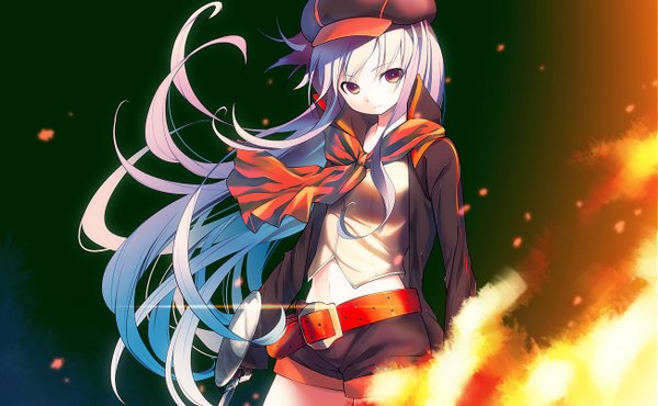Anime picture 1303x804 with original cloud palette (artist) single long hair looking at viewer wide image brown eyes white hair wind open clothes open jacket girl navel weapon hat sword short shorts