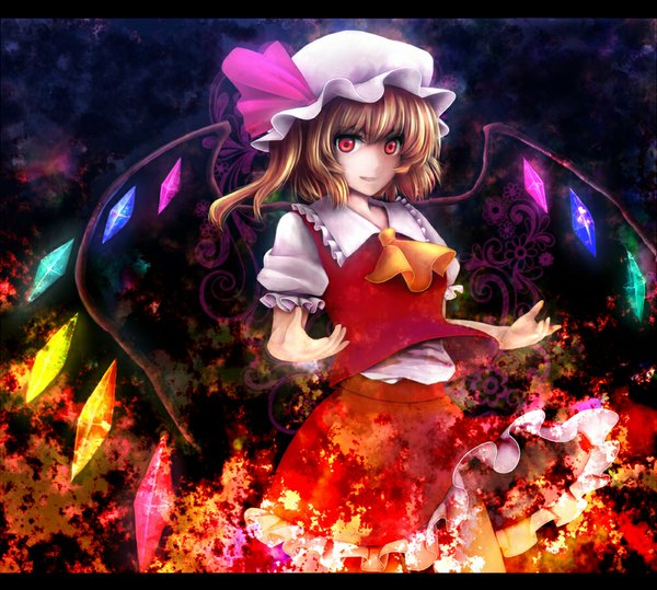 Anime picture 1000x899 with touhou flandre scarlet houd (vacson) single looking at viewer short hair blonde hair red eyes girl skirt miniskirt wings bonnet skirt set fire crystal