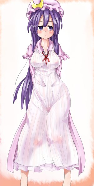 Anime picture 1174x2329 with touhou patchouli knowledge ryouma (galley) single long hair tall image blush breasts light erotic simple background large breasts white background purple eyes purple hair hands behind back girl dress ribbon (ribbons) bonnet