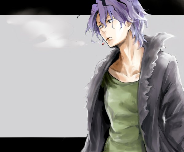 Anime picture 1200x992 with ib (game) garry (ib) mochi mocchi single short hair simple background purple eyes purple hair grey background smoke smoking boy coat cigarette