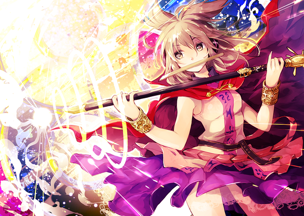Anime picture 1500x1065 with touhou toyosatomimi no miko makuwauri single fringe short hair breasts blonde hair holding looking away sleeveless mouth hold magic eyebrows glow colorful girl headphones cape