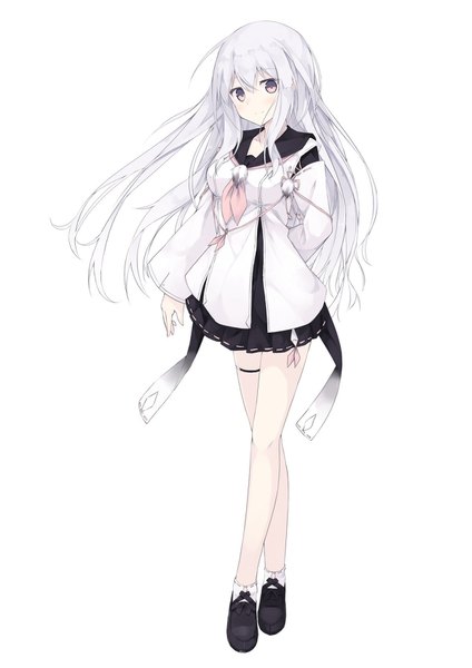 Anime picture 1200x1697 with onsen musume misasa karen nagishiro mito single long hair tall image looking at viewer blush fringe simple background smile hair between eyes standing white background silver hair full body ahoge pleated skirt pink eyes wide sleeves