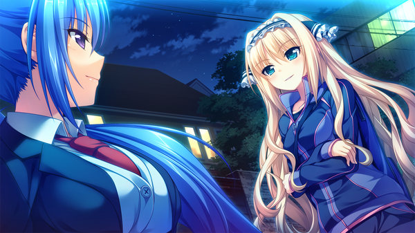 Anime picture 1280x720 with dekinai watashi ga, kurikaesu. akabei soft3 long hair blue eyes blonde hair wide image purple eyes multiple girls blue hair game cg night girl uniform 2 girls school uniform hairband