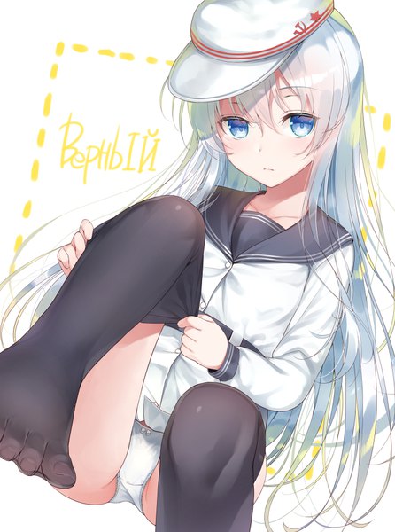 Anime picture 743x1000 with kantai collection hibiki destroyer verniy destroyer asahina hikage single long hair tall image looking at viewer fringe blue eyes light erotic simple background hair between eyes white background silver hair no shoes dressing russian dotted line girl