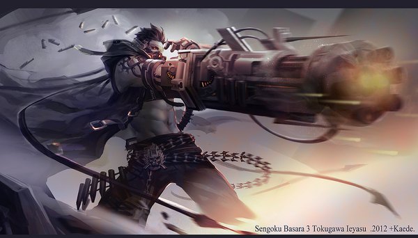Anime picture 1167x666 with sengoku basara production i.g tokugawa ieyasu single short hair black hair red eyes wide image inscription tattoo letterboxed shot casing ejection boy gun cape cartridge shell casing gas mask