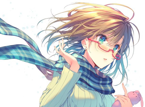 Anime picture 955x705 with original reia single blush short hair blue eyes simple background brown hair white background looking away wind girl glasses scarf sweater plaid scarf
