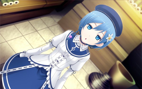 Anime picture 1280x800 with yamiyo ni odore seiranden aoi tel-o short hair blue eyes wide image blue hair game cg girl dress