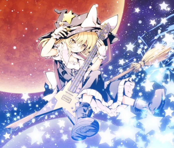 Anime picture 1369x1168 with touhou kirisame marisa paji single long hair looking at viewer blonde hair yellow eyes witch girl dress bow boots fingerless gloves star (symbol) star (stars) witch hat guitar broom