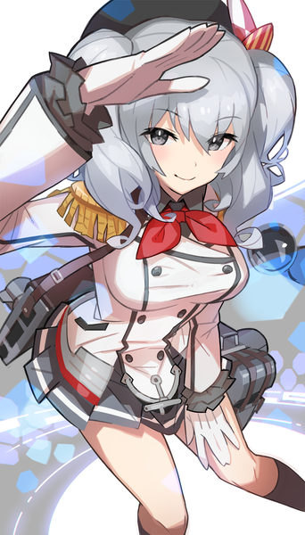 Anime picture 856x1500 with kantai collection kashima training cruiser saitou naoki single long hair tall image looking at viewer blush smile hair between eyes twintails silver hair from above grey eyes salute girl gloves uniform socks white gloves