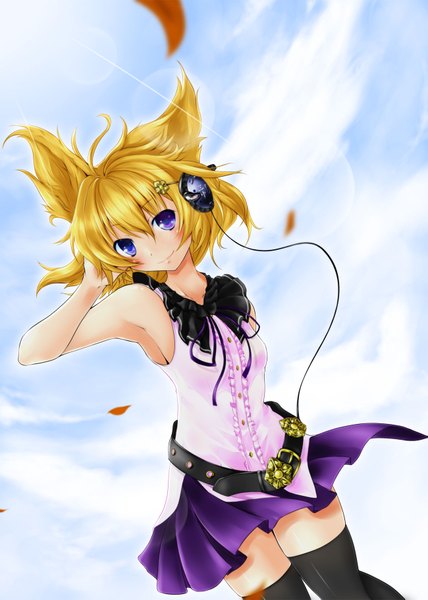 Anime picture 1299x1819 with touhou toyosatomimi no miko zaki (artist) single tall image looking at viewer blush short hair blonde hair smile purple eyes bare shoulders animal ears armpit (armpits) girl thighhighs skirt hair ornament black thighhighs miniskirt