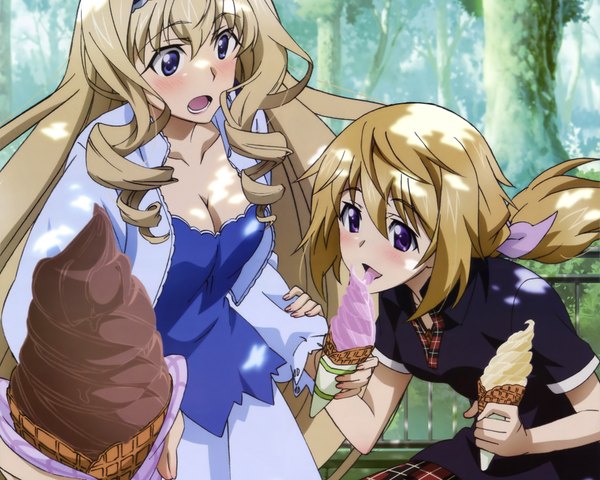 Anime picture 4000x3200 with infinite stratos 8bit charles dunois cecilia orcott long hair blush highres open mouth blue eyes blonde hair purple eyes multiple girls absurdres girl dress 2 girls plant (plants) tree (trees) food hairband
