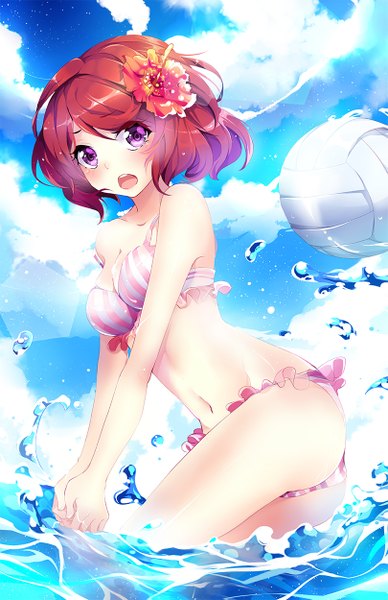 Anime picture 809x1250 with love live! school idol project sunrise (studio) love live! nishikino maki squchan single tall image blush short hair open mouth light erotic purple eyes sky cloud (clouds) red hair hair flower beach volleyball girl navel hair ornament