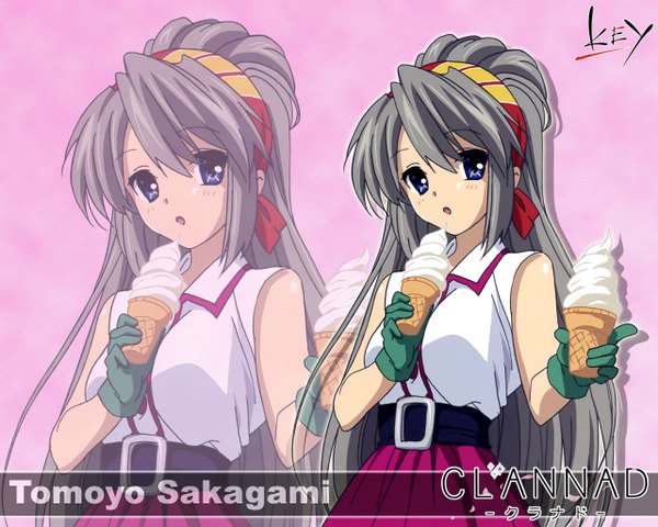 Anime picture 1280x1024 with clannad key (studio) sakagami tomoyo single long hair looking at viewer fringe open mouth blue eyes grey hair copyright name sleeveless character names zoom layer girl gloves food hairband sweets ice cream