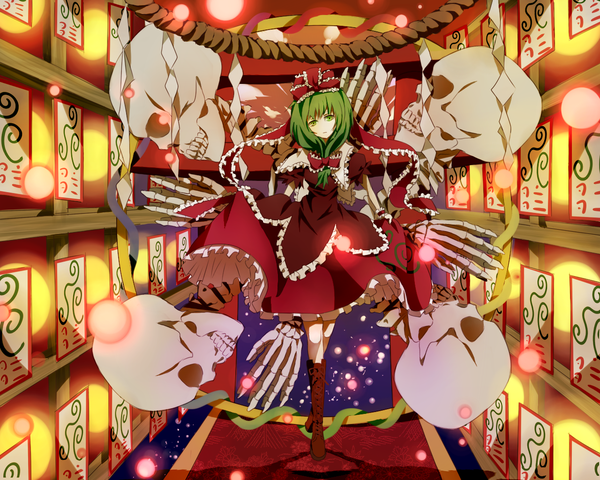 Anime picture 1280x1024 with touhou kagiyama hina 23ichiya green eyes green hair magic girl dress skirt bow hair bow boots skirt set skull rope