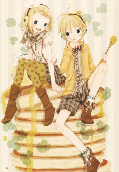 Anime picture 2057x2969 with vocaloid kagamine rin kagamine len mizutamako tall image blush highres short hair open mouth blue eyes blonde hair ahoge ponytail long sleeves open clothes open jacket happy polka dot body blush girl